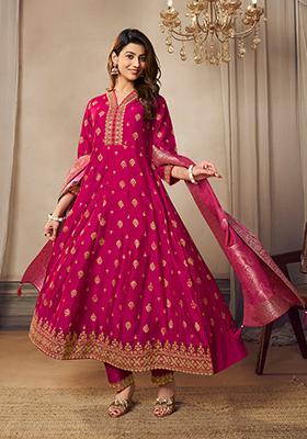 Pink Abstract Print Silk Kurta Set