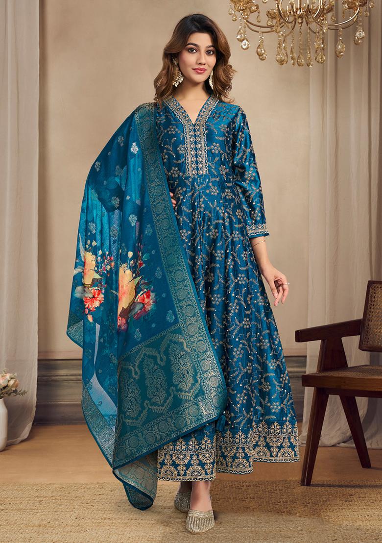 Teal Abstract Print Silk Kurta Set