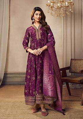 Purple Abstract Print Silk Kurta Set