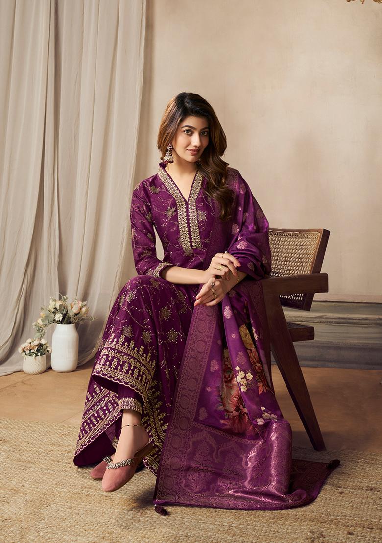 Purple Abstract Print Silk Kurta Set