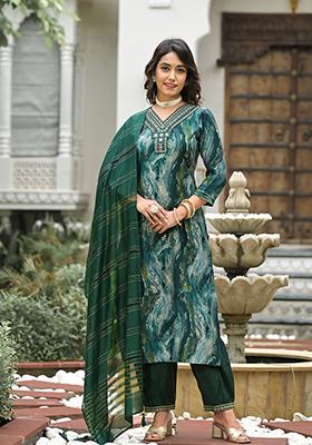 Green Abstract Print Silk Kurta Set
