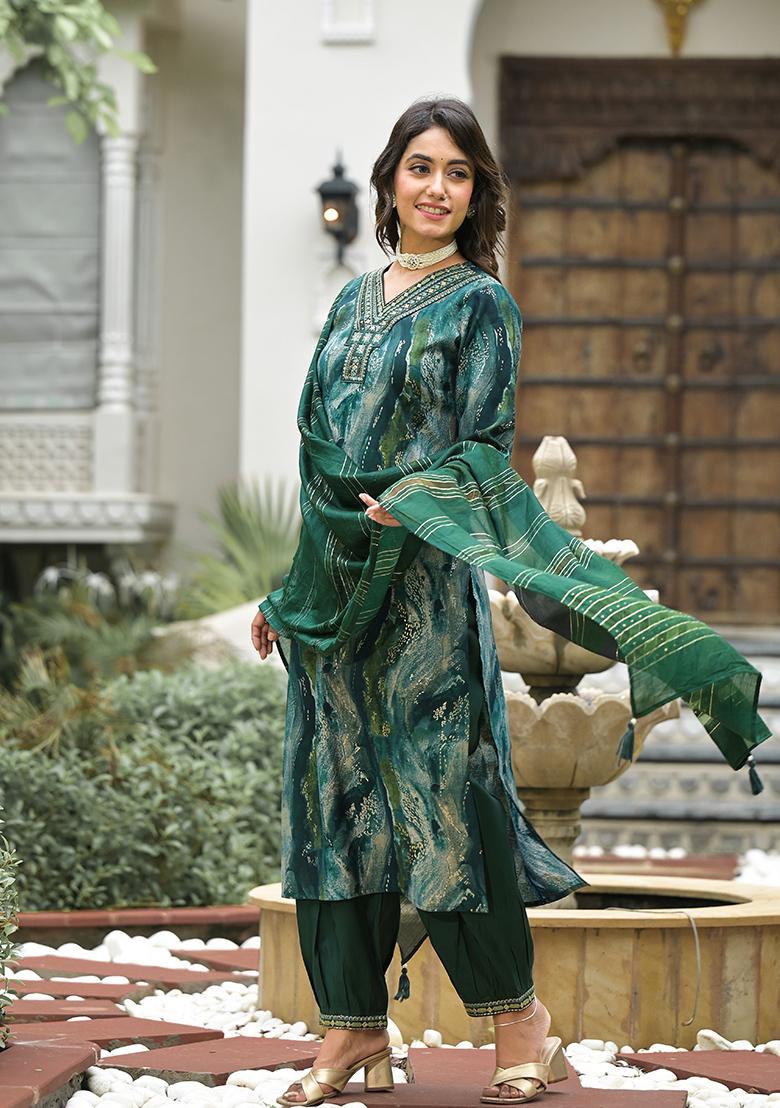 Green Abstract Print Silk Kurta Set