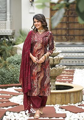 Maroon Abstract Print Silk Kurta Set