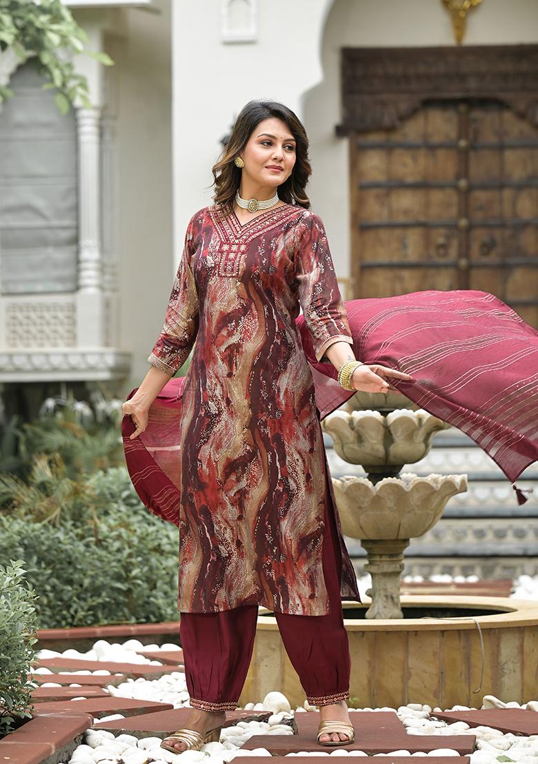 Maroon Abstract Print Silk Kurta Set