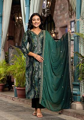 Green Abstract Print Silk Kurta Set