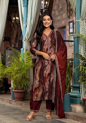 Brown Abstract Print Silk Kurta Set