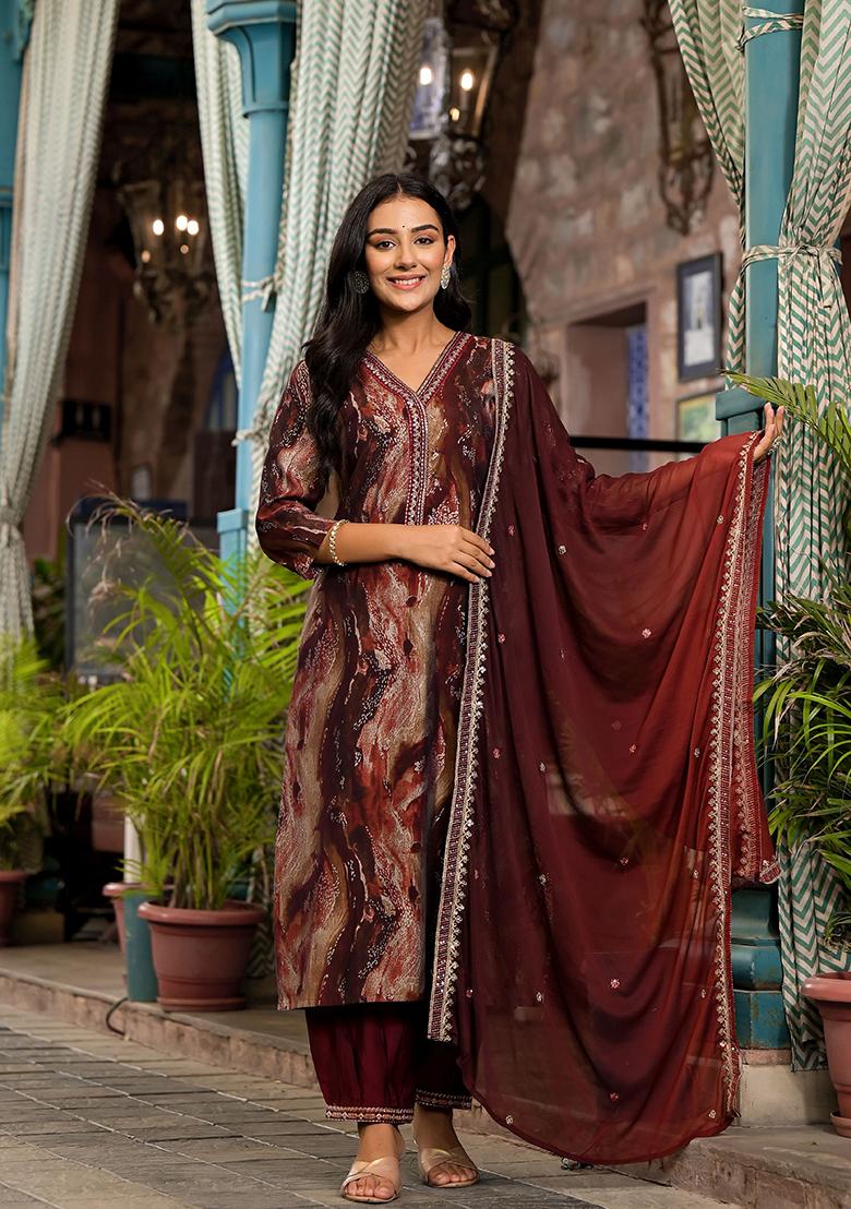 Brown Abstract Print Silk Kurta Set