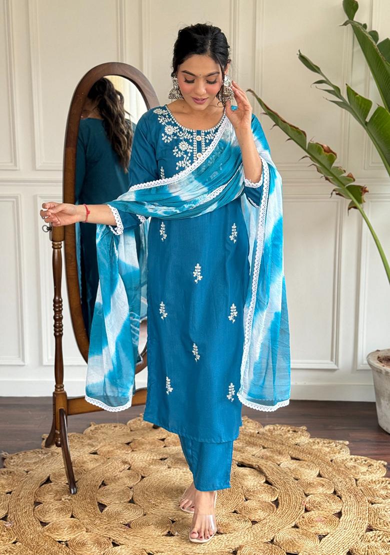 Blue Embroidered Rayon Kurta Set
