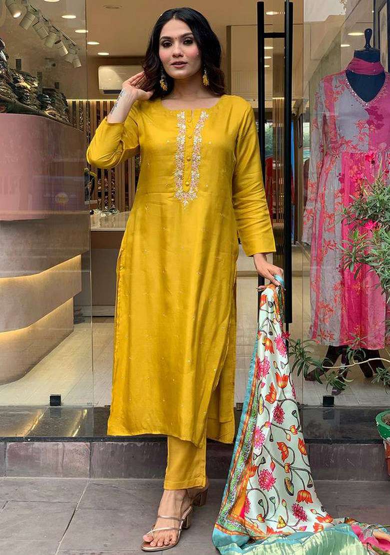 Mustard Yellow Embroidered Viscose Straight Kurta Set - Indya