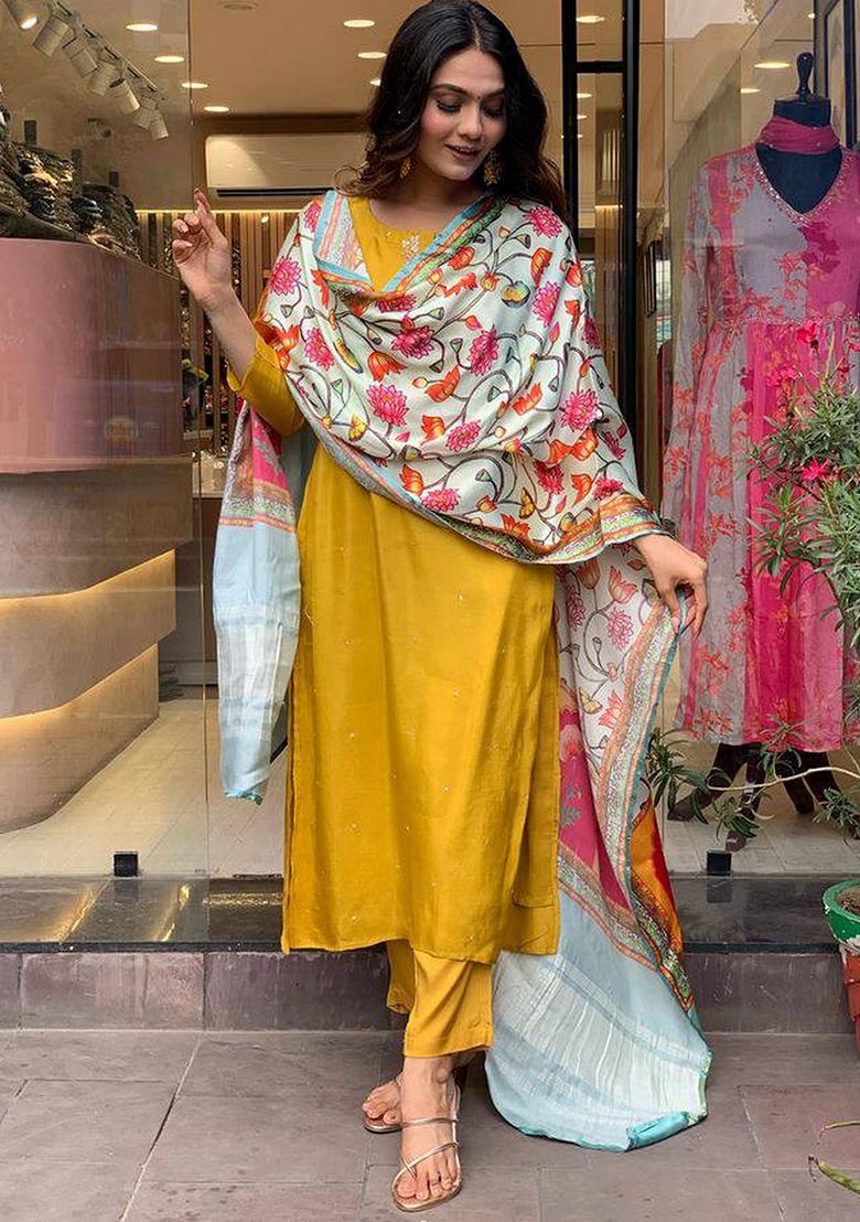 Mustard Yellow Embroidered Viscose Kurta Set