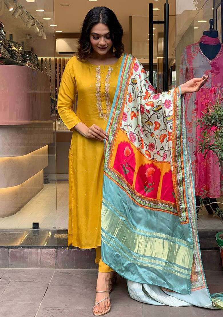 Mustard Yellow Embroidered Viscose Straight Kurta Set - Indya