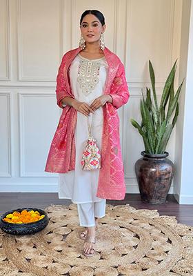 Off White Embroidered Chanderi Kurta Set