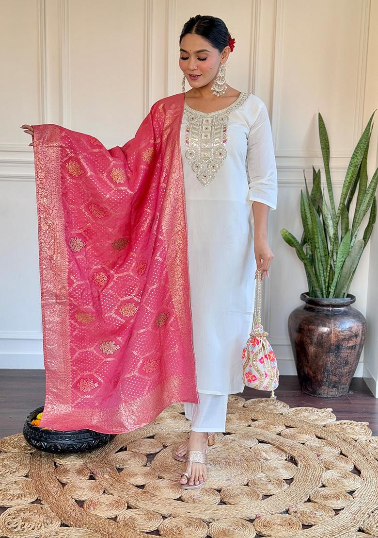 Off White Embroidered Chanderi Kurta Set