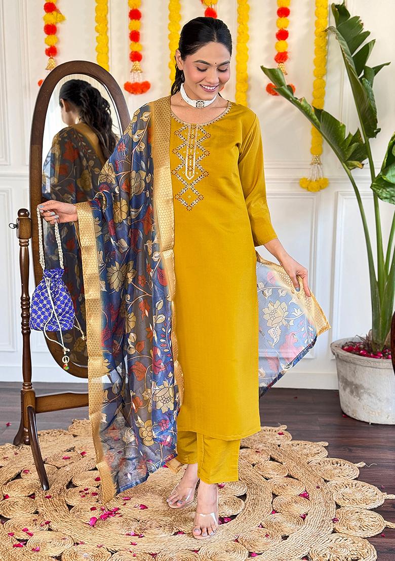 Mustard Yellow Embroidered Viscose Kurta Set