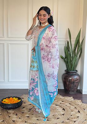 Off White Embroidered Viscose Kurta Set