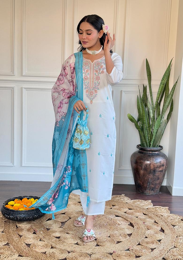 Off White Embroidered Viscose Kurta Set