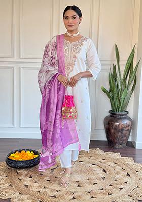 Off White Embroidered Viscose Kurta Set