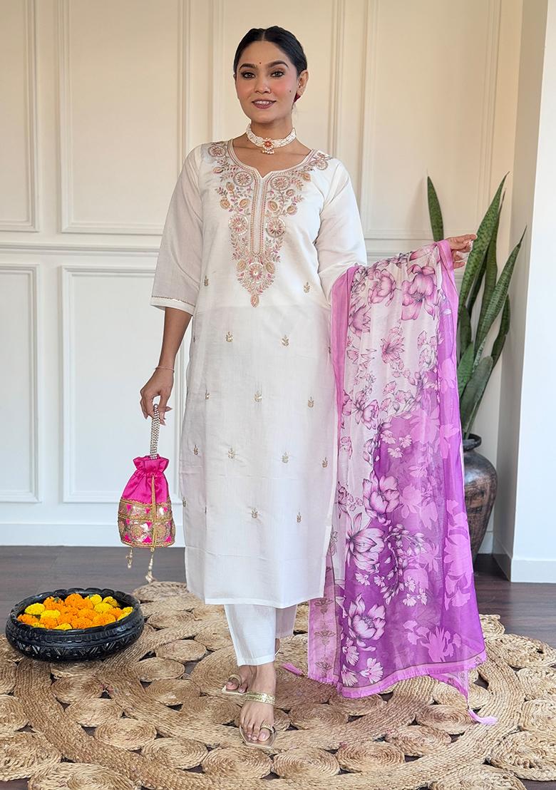 Off White Embroidered Viscose Kurta Set