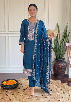 Blue Embroidered Silk Kurta Set