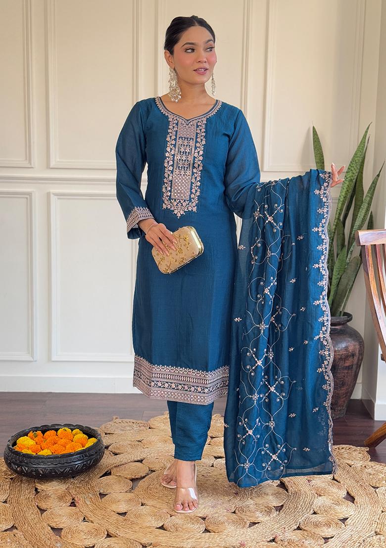 Blue Embroidered Silk Kurta Set
