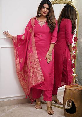 Red Embroidered Chanderi Kurta Set