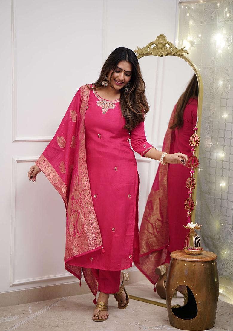 Red Embroidered Chanderi Kurta Set