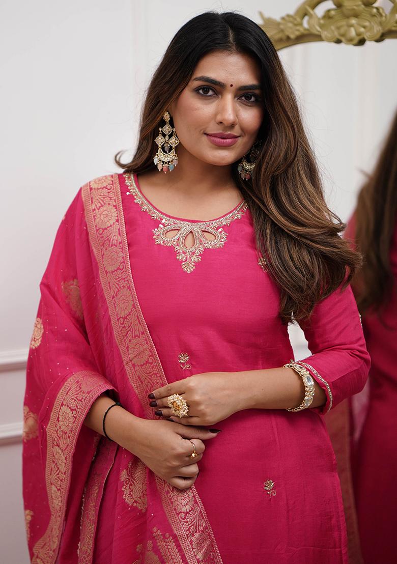 Red Embroidered Chanderi Kurta Set