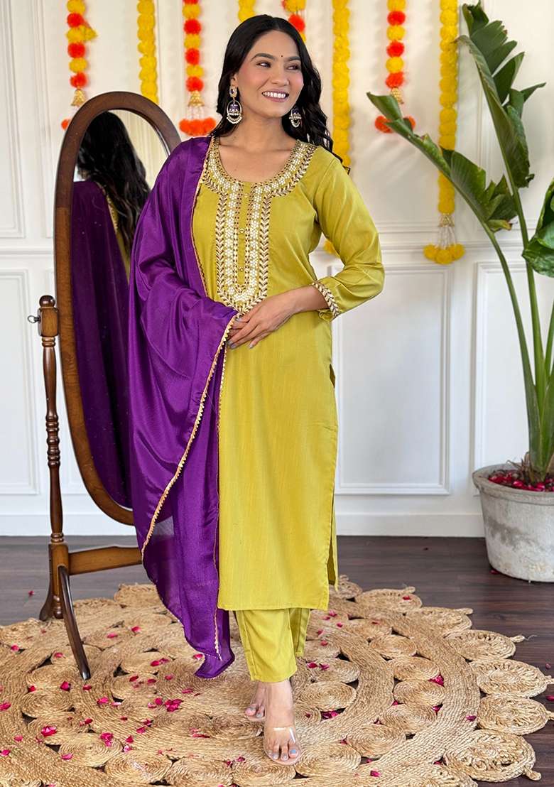 Mustard Yellow Embroidered Rayon Straight Kurta Set - Indya