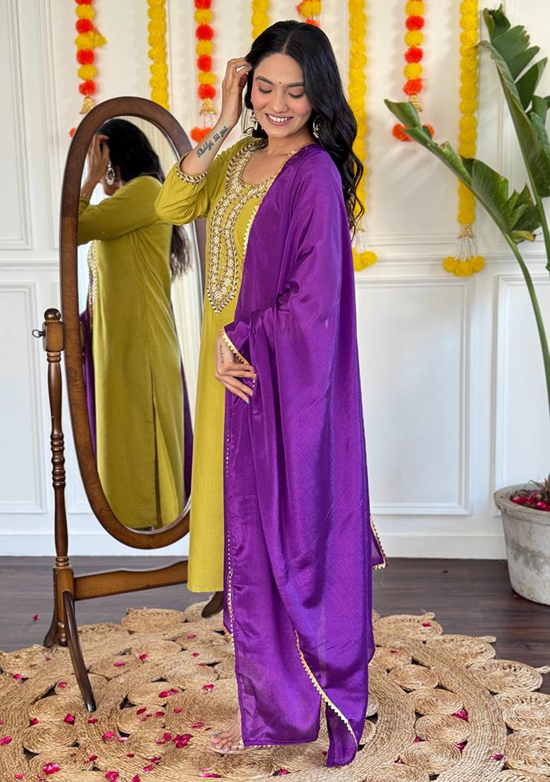 Mustard Yellow Embroidered Rayon Kurta Set