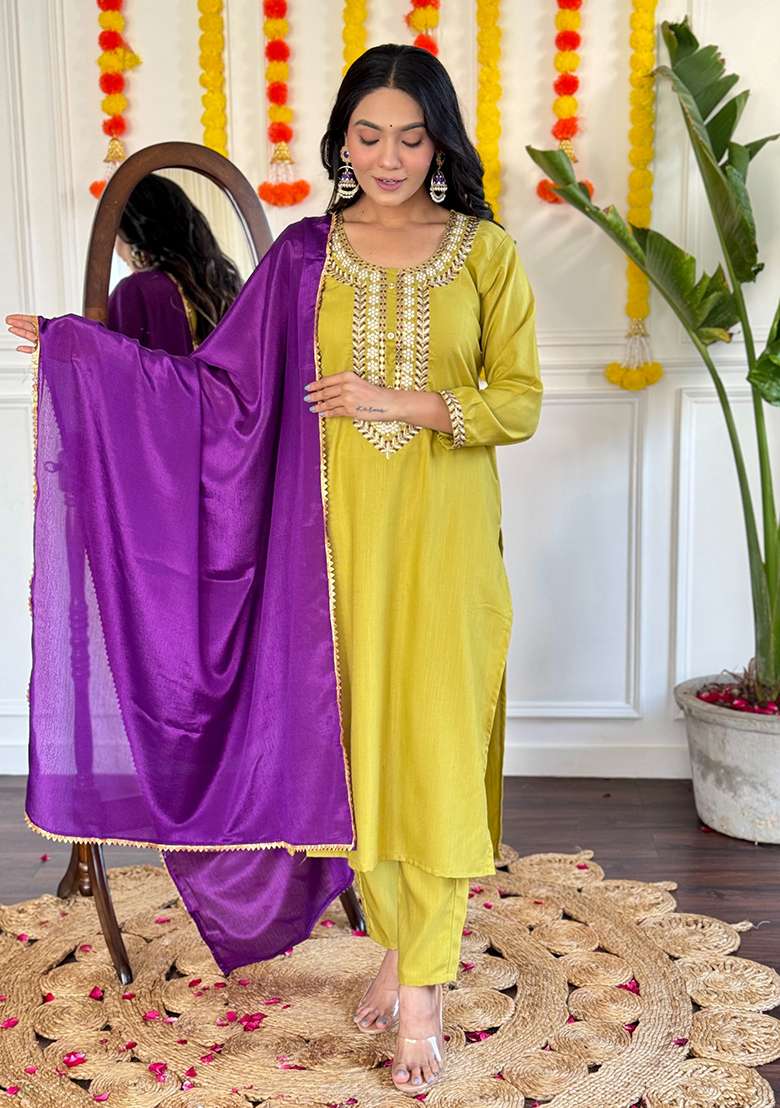 Mustard Yellow Embroidered Rayon Straight Kurta Set - Indya