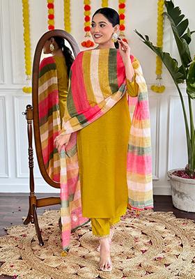 Mustard Yellow Embroidered Chanderi Kurta Set