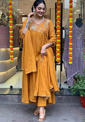 Mustard Yellow Embroidered Chanderi Kurta Set