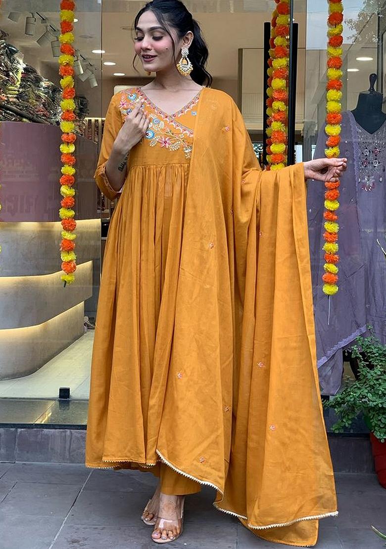 Mustard Yellow Embroidered Chanderi Kurta Set