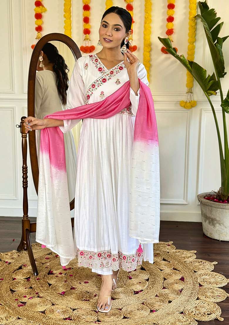 Off White Embroidered Chanderi Anarkali Set - Indya
