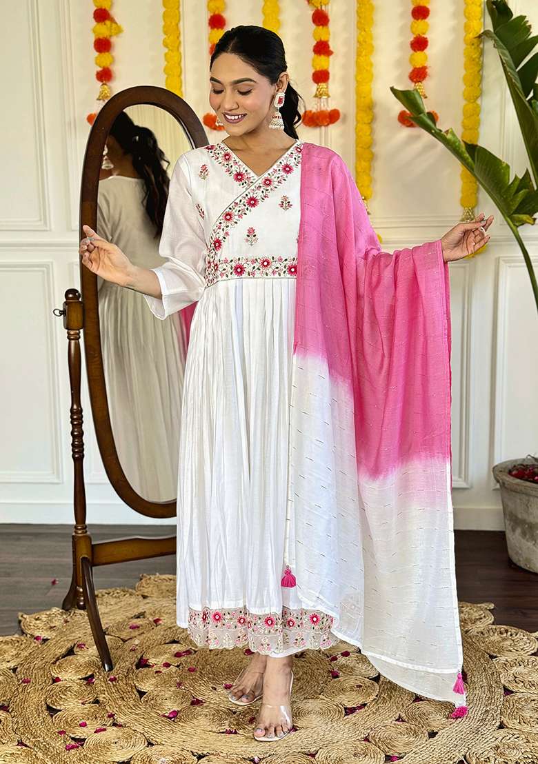 Off White Embroidered Chanderi Anarkali Set - Indya