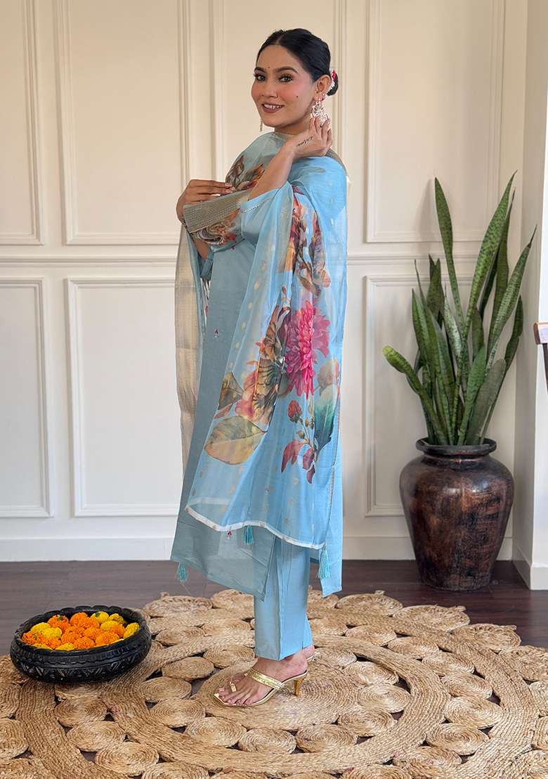 Sky Blue Floral Print Chanderi Straight Kurta Set - Indya