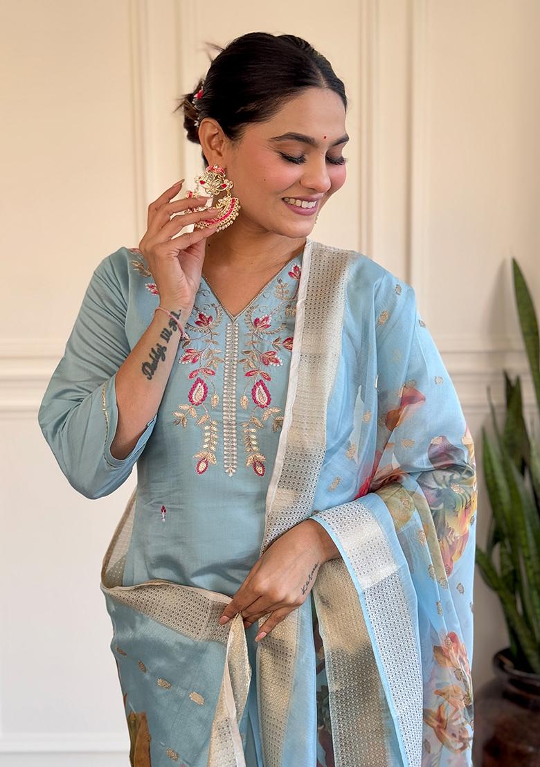 Sky Blue Embroidered Chanderi Kurta Set