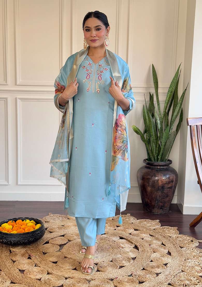Sky Blue Floral Print Chanderi Straight Kurta Set - Indya