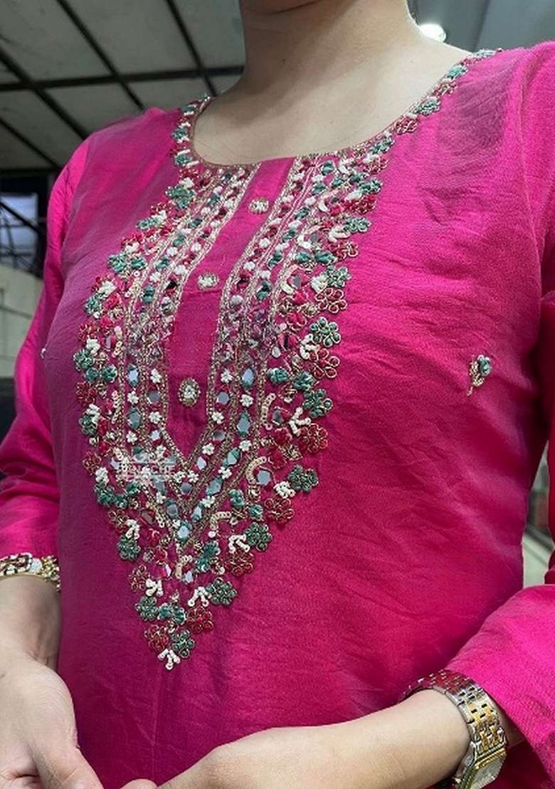 Pink Embroidered Chanderi Straight Kurta Set - Indya