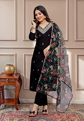 Black Embroidered Viscose Kurta Set