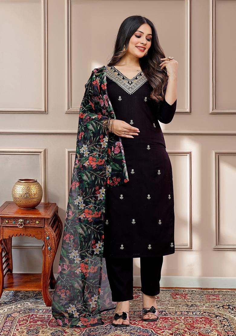 Black Embroidered Viscose Kurta Set