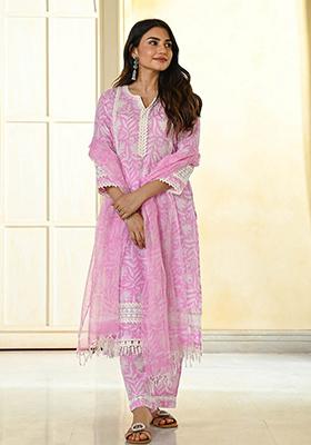 Pink Embroidered Cotton Kurta Set