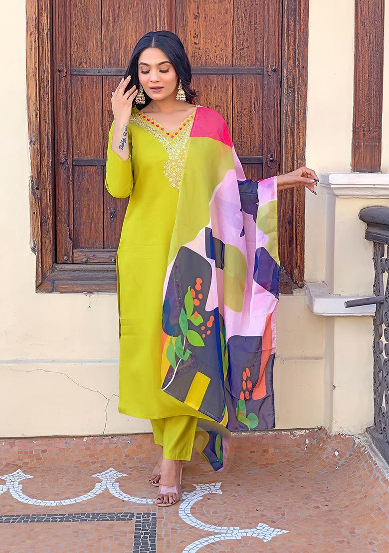 Lemon Embroidered Rayon Kurta Set