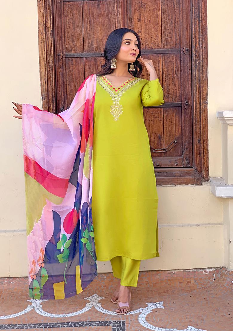 Lemon Embroidered Rayon Kurta Set