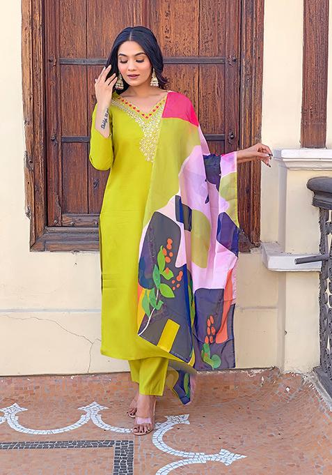 Lemon Embroidered Rayon Kurta Set