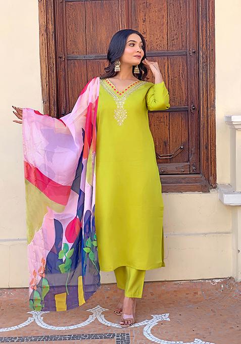 Lemon Embroidered Rayon Kurta Set