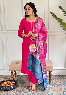 Red Embroidered Viscose Kurta Set