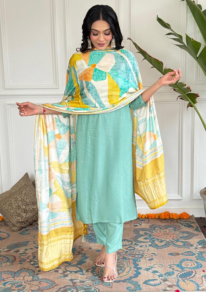 Sky Blue Embroidered Viscose Kurta Set