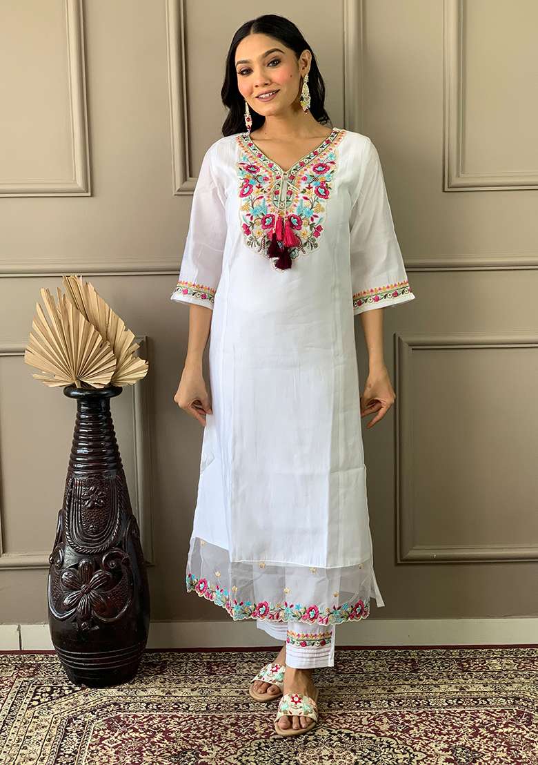 White Embroidered Chanderi Straight Kurta Set - Indya