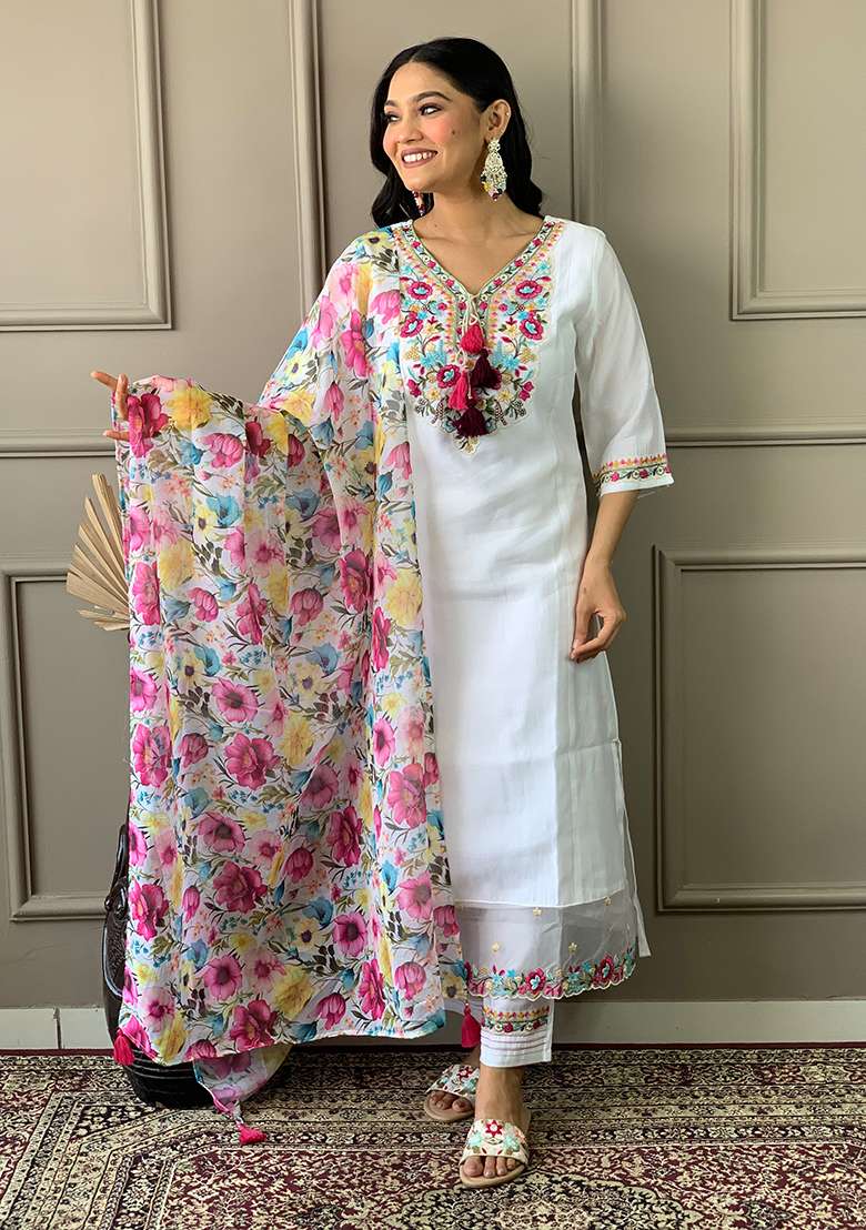 White Embroidered Chanderi Straight Kurta Set - Indya